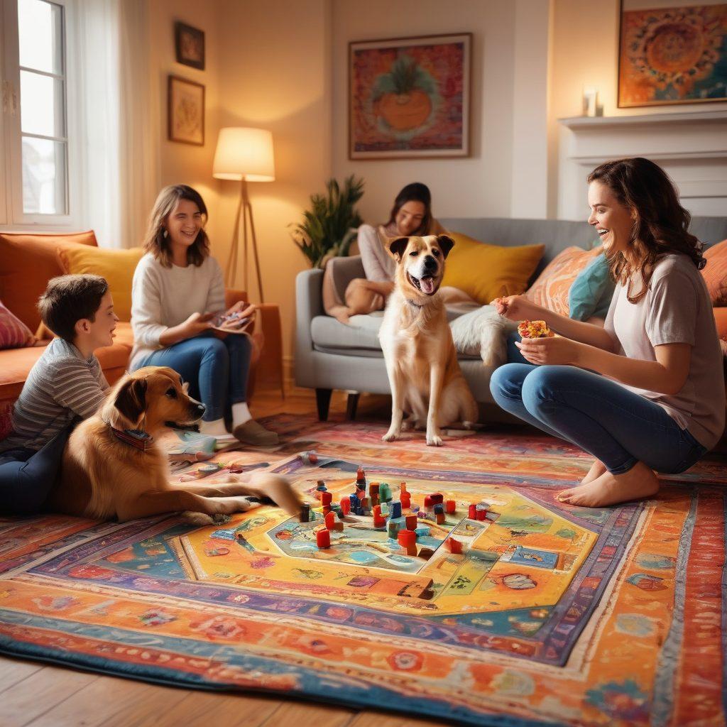 A whimsical living room scene filled with a diverse family playing casual board games on a colorful rug. The children are laughing and engaged, with snacks scattered around, while a warm light bathes the room in a cozy glow. A playful dog is joyfully curating attention as well. The decor has vibrant colors and charming details that evoke a sense of fun and togetherness. vector art. vibrant colors. cozy ambiance.