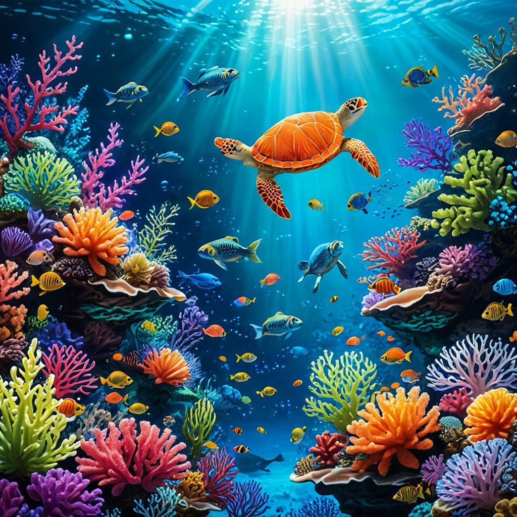 An enchanting underwater scene filled with vibrant coral reefs, animated sea creatures, and whimsical plants, showcasing interactive elements like glowing bubbles and playful fish. Above the water, a fantastical land of colorful landscapes and amusement attractions unfolds, depicting joy and adventure. Bright, inviting colors with a dreamlike quality to captivate the audience. super-realistic. vibrant colors.